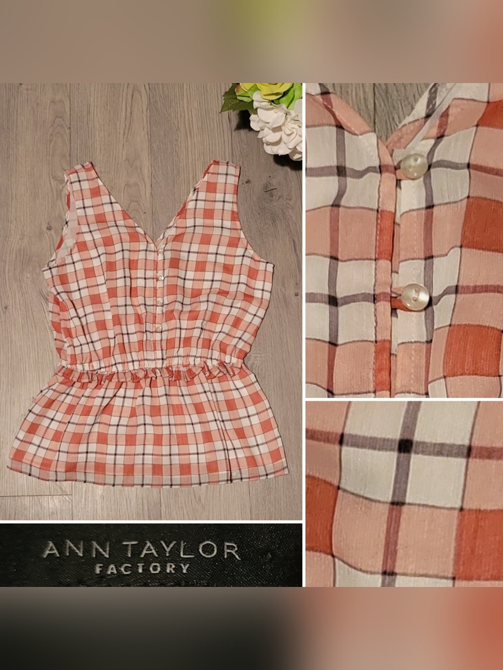 Ann Taylor Factory Rust Plaid Peplum Ruffle Double V-Neck Sleeveless Top, XS